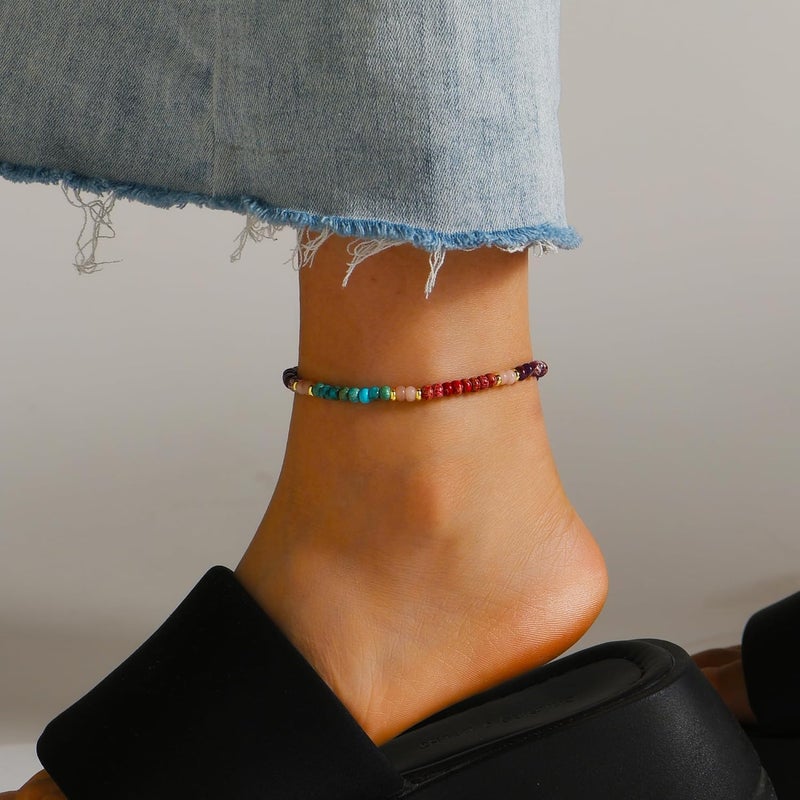 Wremily Natural Stone Beaded Anklets Bracelets for Women Handmade Beaded Anklet Bracelet Waterproof Boho Beads Ankle Bracelet Adjustable Summer Jewelry - Image 3